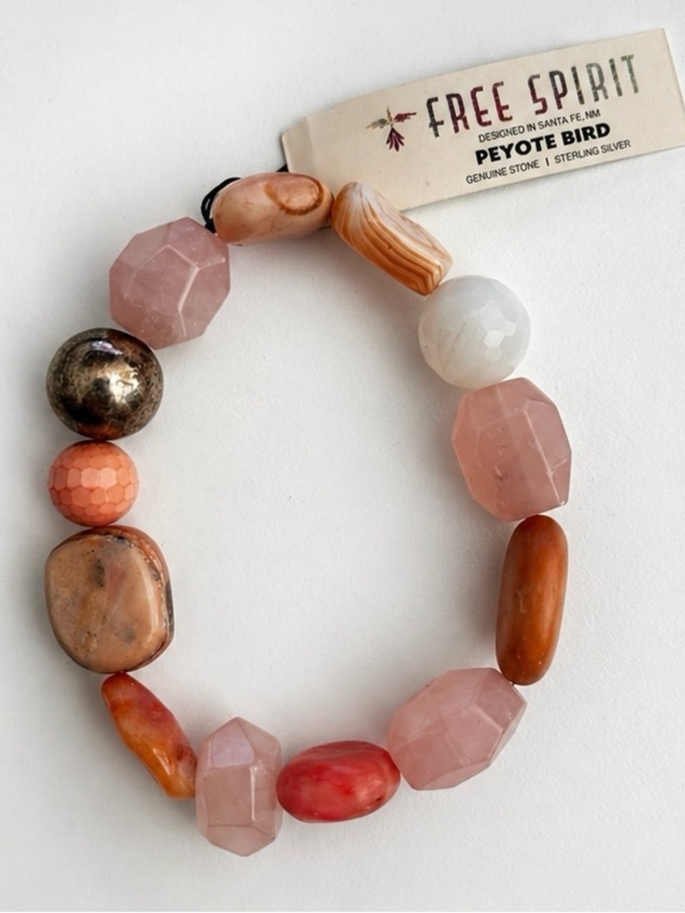 Free Spirit Peyote Bird Genuine Stone Bracelet Pink Neutral Sterling Silver